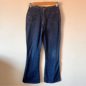 Vintage Y2k Ma Isabel Dark Wash Flare Jeans Pink Stitch Distressed Waist